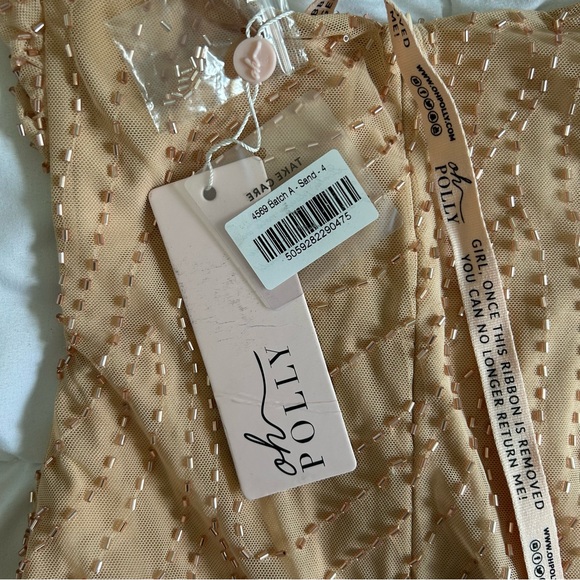 OhPolly Embellished Twist Neck Mini Dress in Sand - Picture 4 of 4